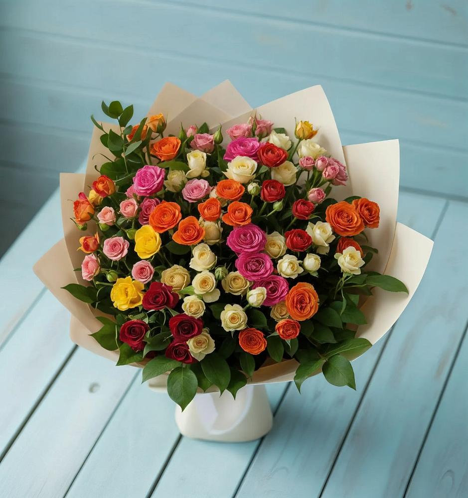 Букет Микс из разноцветных кустовых роз в Духовщине