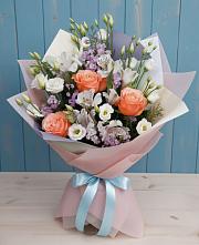 Букет цветов из:  Лизиантусы, Розы, Альстромерии и Гипсофила в Духовщине